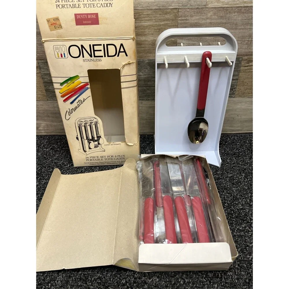Oneida Colormates Flatware 24 Piece w/Caddy Dusty Rose Pink 9920D Vintage